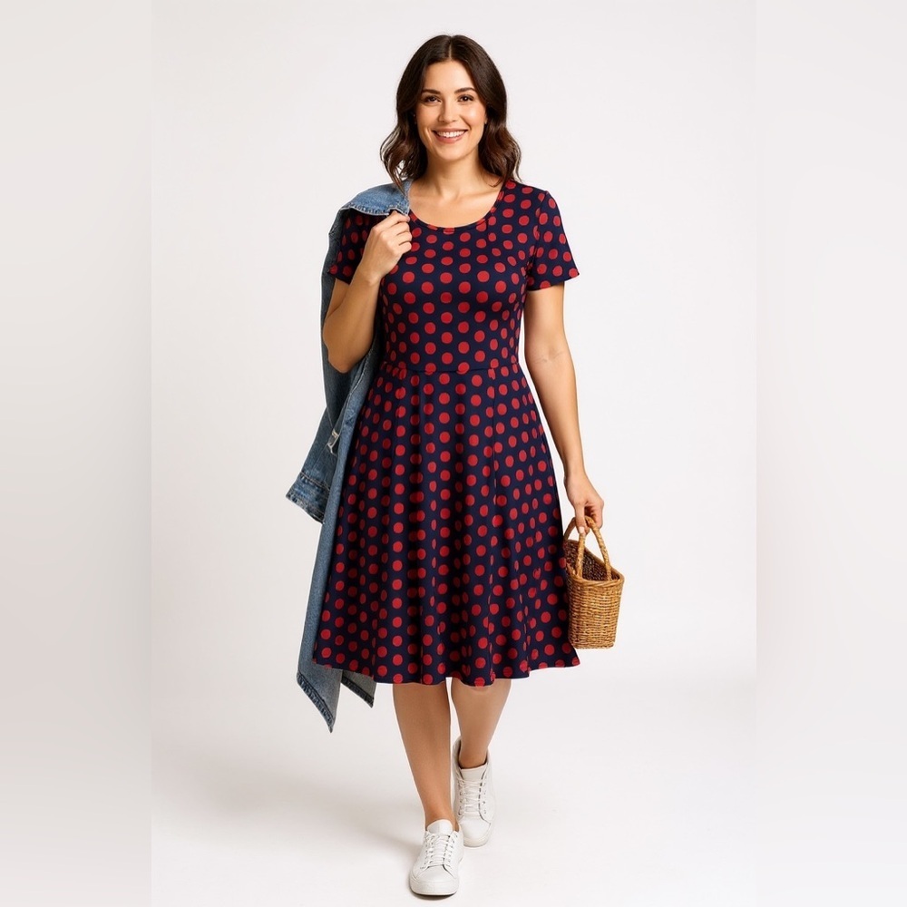 Michael Kors Navy Red Polka Dot Fit & Flare Dress XL Stretch Casual